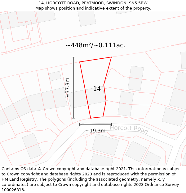 14, HORCOTT ROAD, PEATMOOR, SWINDON, SN5 5BW: Plot and title map