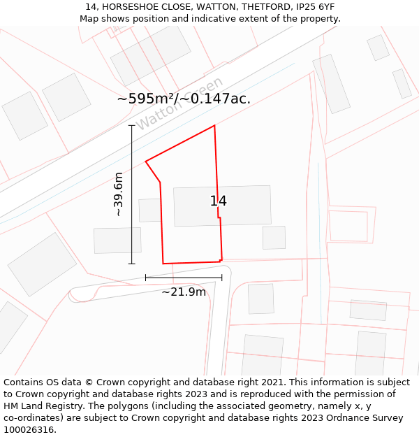 14, HORSESHOE CLOSE, WATTON, THETFORD, IP25 6YF: Plot and title map