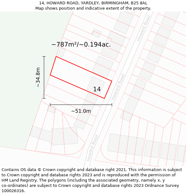 14, HOWARD ROAD, YARDLEY, BIRMINGHAM, B25 8AL: Plot and title map