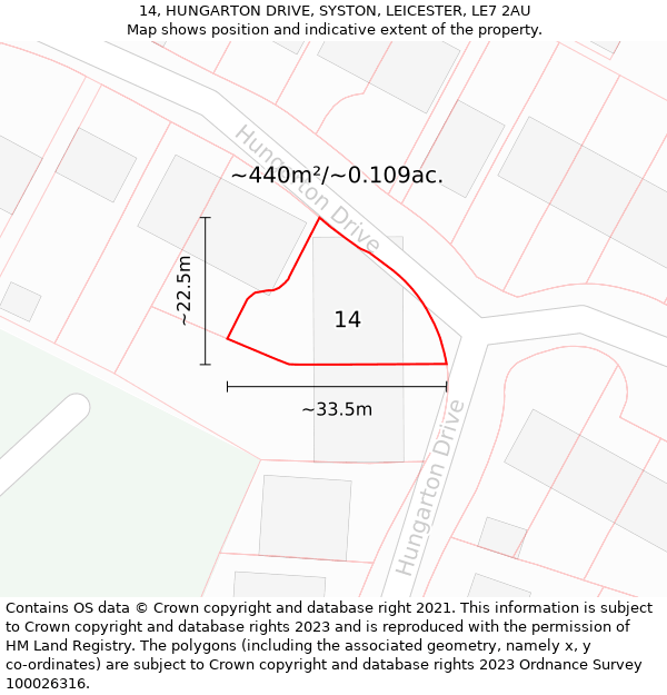 14, HUNGARTON DRIVE, SYSTON, LEICESTER, LE7 2AU: Plot and title map