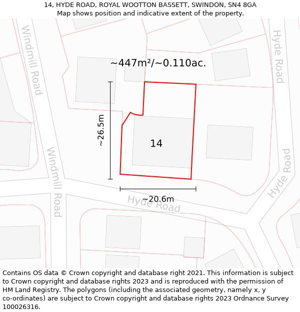 14, HYDE ROAD, ROYAL WOOTTON BASSETT, SWINDON, SN4 8GA: Plot and title map