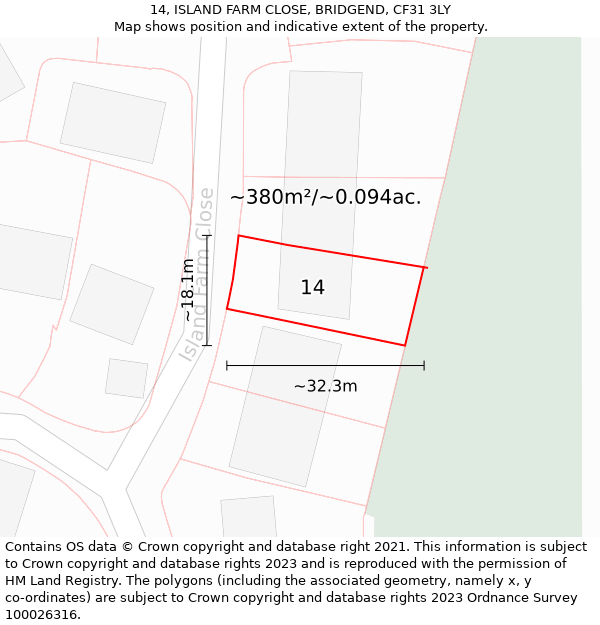 14, ISLAND FARM CLOSE, BRIDGEND, CF31 3LY: Plot and title map