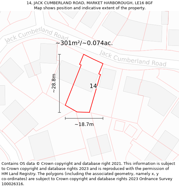 14, JACK CUMBERLAND ROAD, MARKET HARBOROUGH, LE16 8GF: Plot and title map