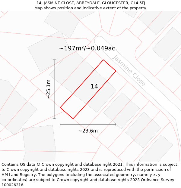 14, JASMINE CLOSE, ABBEYDALE, GLOUCESTER, GL4 5FJ: Plot and title map