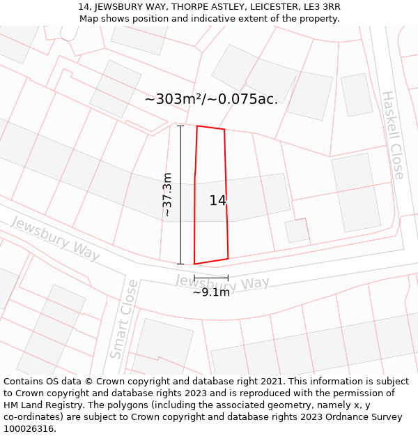 14, JEWSBURY WAY, THORPE ASTLEY, LEICESTER, LE3 3RR: Plot and title map