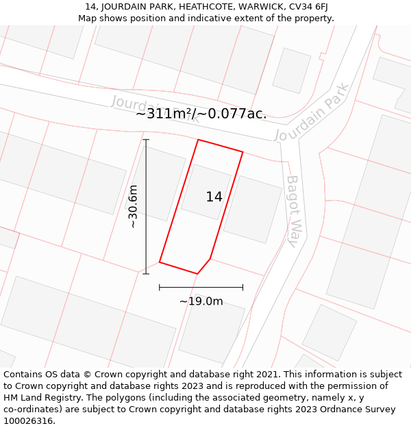 14, JOURDAIN PARK, HEATHCOTE, WARWICK, CV34 6FJ: Plot and title map