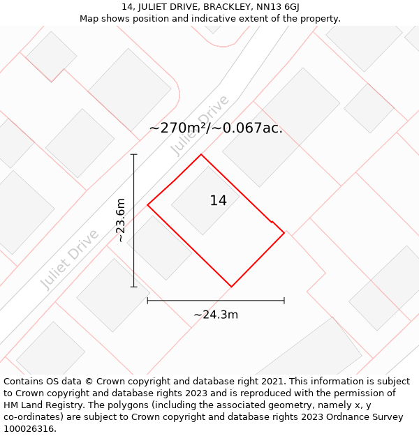 14, JULIET DRIVE, BRACKLEY, NN13 6GJ: Plot and title map