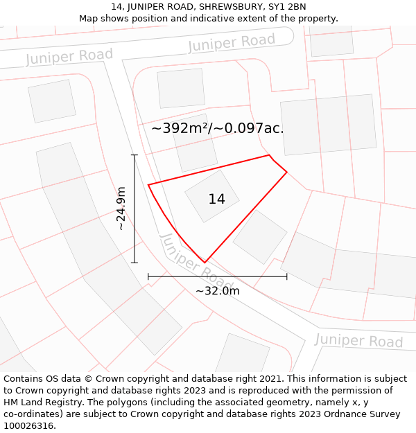 14, JUNIPER ROAD, SHREWSBURY, SY1 2BN: Plot and title map