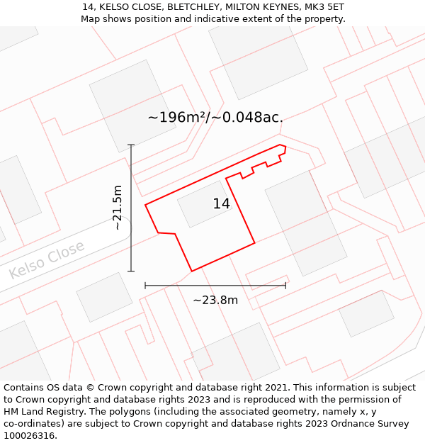 14, KELSO CLOSE, BLETCHLEY, MILTON KEYNES, MK3 5ET: Plot and title map