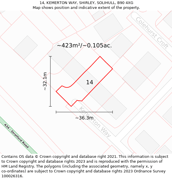 14, KEMERTON WAY, SHIRLEY, SOLIHULL, B90 4XG: Plot and title map