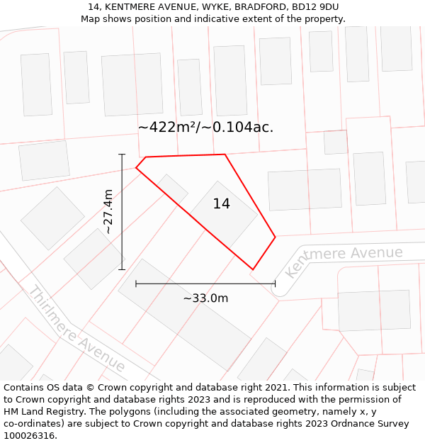 14, KENTMERE AVENUE, WYKE, BRADFORD, BD12 9DU: Plot and title map