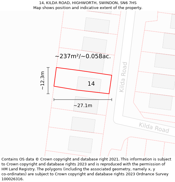 14, KILDA ROAD, HIGHWORTH, SWINDON, SN6 7HS: Plot and title map