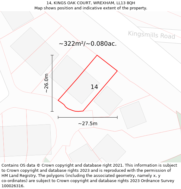 14, KINGS OAK COURT, WREXHAM, LL13 8QH: Plot and title map