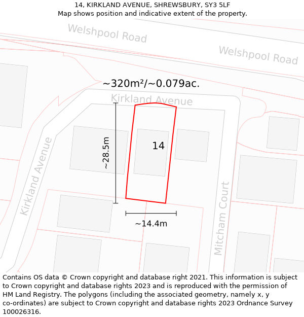 14, KIRKLAND AVENUE, SHREWSBURY, SY3 5LF: Plot and title map