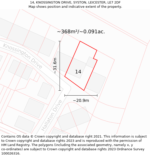 14, KNOSSINGTON DRIVE, SYSTON, LEICESTER, LE7 2DF: Plot and title map