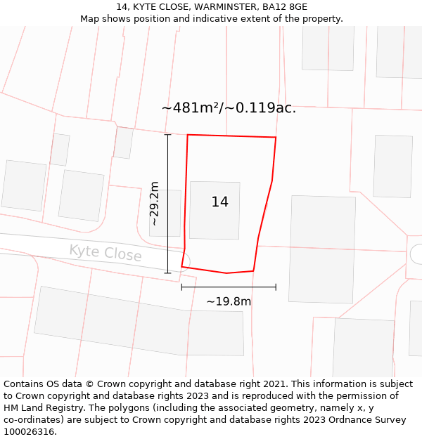 14, KYTE CLOSE, WARMINSTER, BA12 8GE: Plot and title map