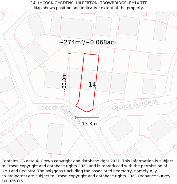 14, LACOCK GARDENS, HILPERTON, TROWBRIDGE, BA14 7TF: Plot and title map