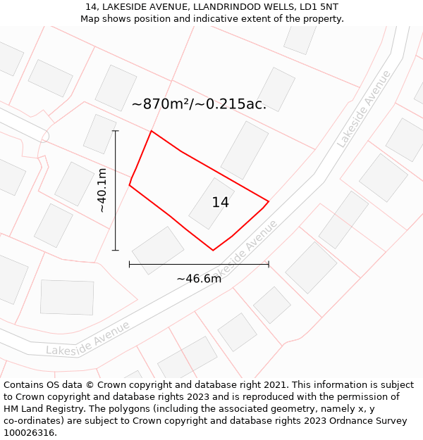 14, LAKESIDE AVENUE, LLANDRINDOD WELLS, LD1 5NT: Plot and title map