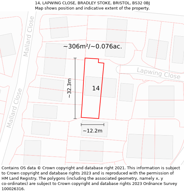 14, LAPWING CLOSE, BRADLEY STOKE, BRISTOL, BS32 0BJ: Plot and title map