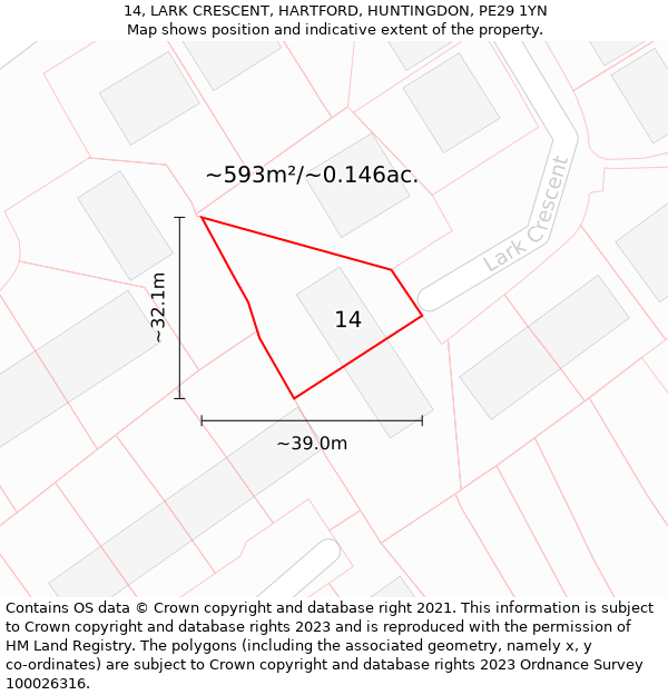 14, LARK CRESCENT, HARTFORD, HUNTINGDON, PE29 1YN: Plot and title map