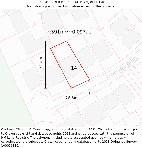 14, LAVENDER DRIVE, SPALDING, PE11 1YR: Plot and title map