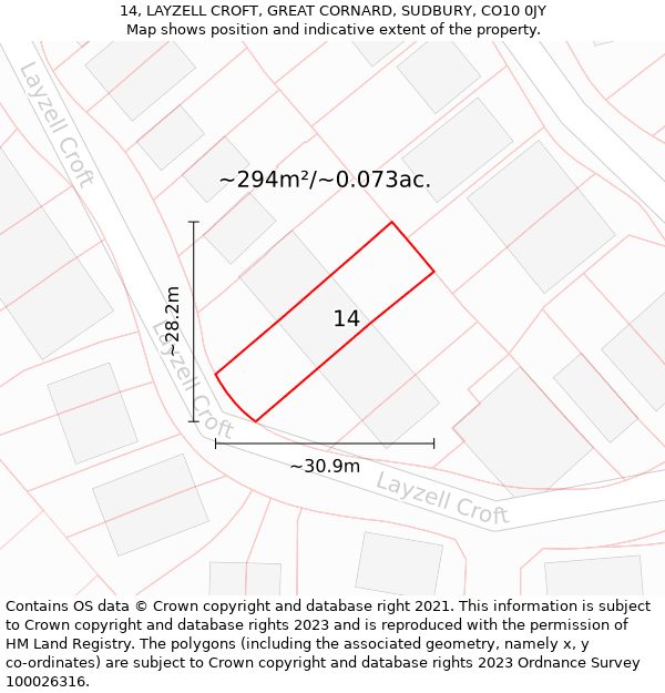 14, LAYZELL CROFT, GREAT CORNARD, SUDBURY, CO10 0JY: Plot and title map