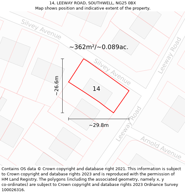 14, LEEWAY ROAD, SOUTHWELL, NG25 0BX: Plot and title map