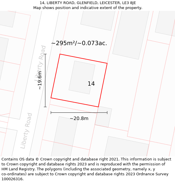 14, LIBERTY ROAD, GLENFIELD, LEICESTER, LE3 8JE: Plot and title map