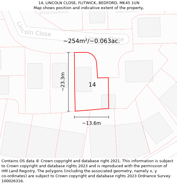 14, LINCOLN CLOSE, FLITWICK, BEDFORD, MK45 1UN: Plot and title map