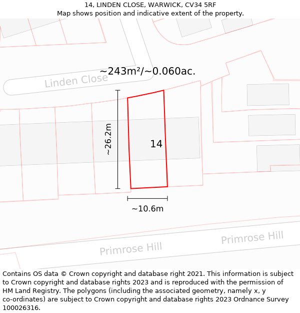 14, LINDEN CLOSE, WARWICK, CV34 5RF: Plot and title map