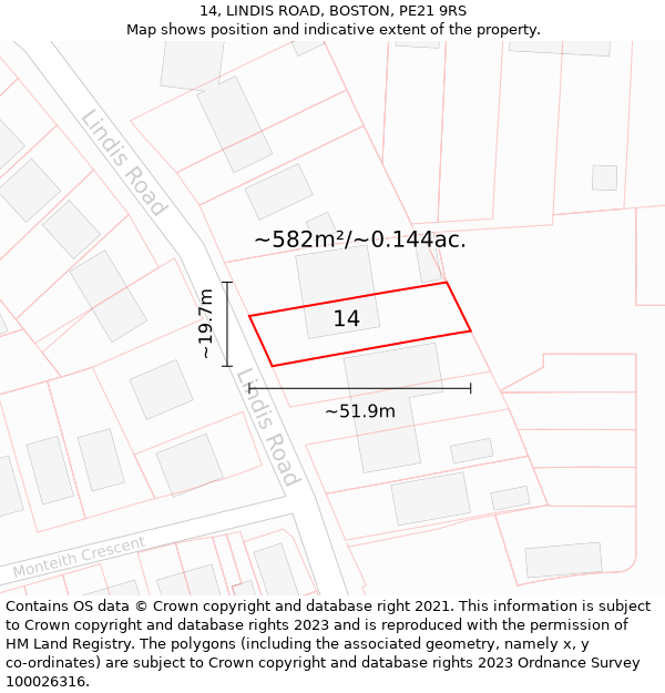 14, LINDIS ROAD, BOSTON, PE21 9RS: Plot and title map