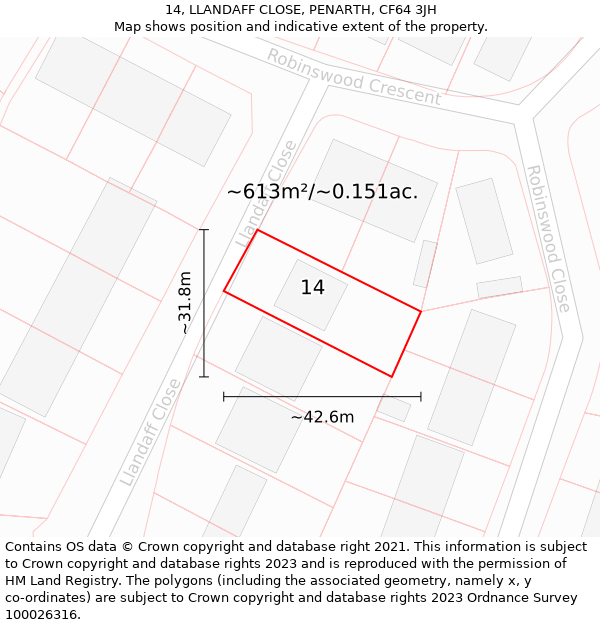 14, LLANDAFF CLOSE, PENARTH, CF64 3JH: Plot and title map