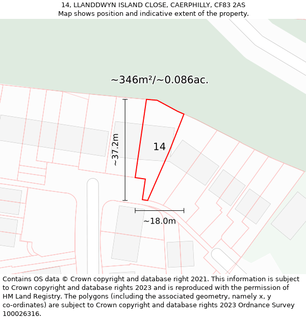 14, LLANDDWYN ISLAND CLOSE, CAERPHILLY, CF83 2AS: Plot and title map