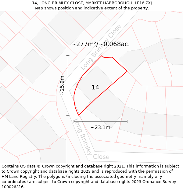 14, LONG BRIMLEY CLOSE, MARKET HARBOROUGH, LE16 7XJ: Plot and title map