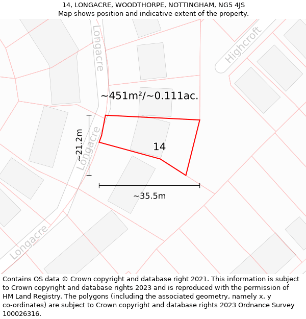 14, LONGACRE, WOODTHORPE, NOTTINGHAM, NG5 4JS: Plot and title map