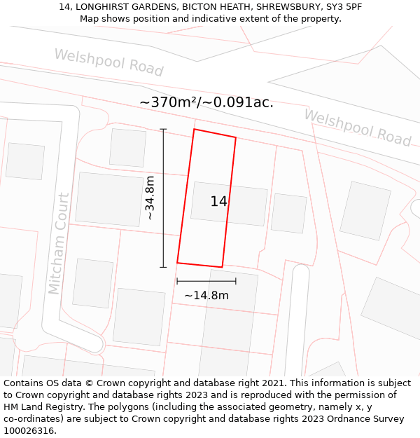 14, LONGHIRST GARDENS, BICTON HEATH, SHREWSBURY, SY3 5PF: Plot and title map