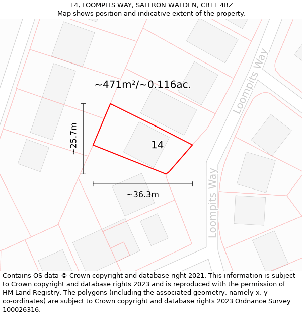 14, LOOMPITS WAY, SAFFRON WALDEN, CB11 4BZ: Plot and title map