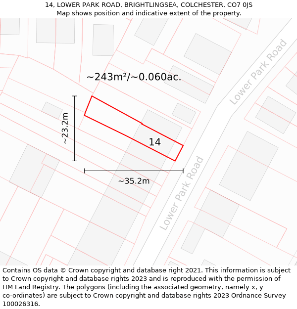 14, LOWER PARK ROAD, BRIGHTLINGSEA, COLCHESTER, CO7 0JS: Plot and title map