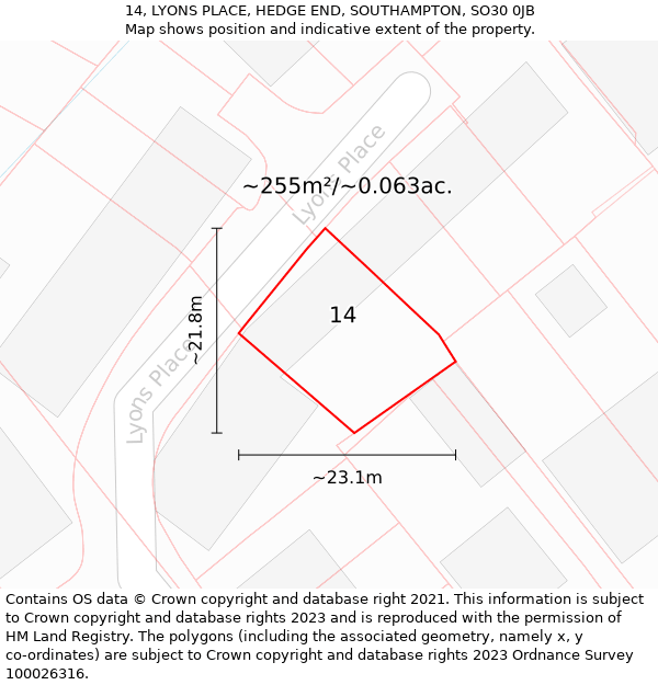 14, LYONS PLACE, HEDGE END, SOUTHAMPTON, SO30 0JB: Plot and title map