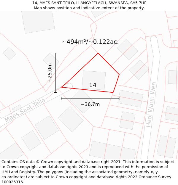 14, MAES SANT TEILO, LLANGYFELACH, SWANSEA, SA5 7HF: Plot and title map