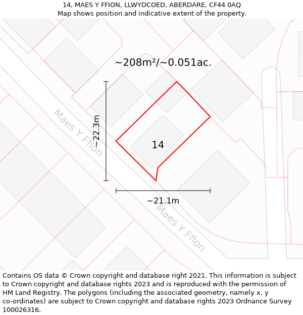 14, MAES Y FFION, LLWYDCOED, ABERDARE, CF44 0AQ: Plot and title map