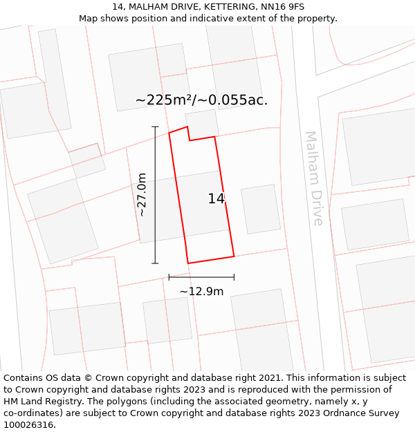 14, MALHAM DRIVE, KETTERING, NN16 9FS: Plot and title map