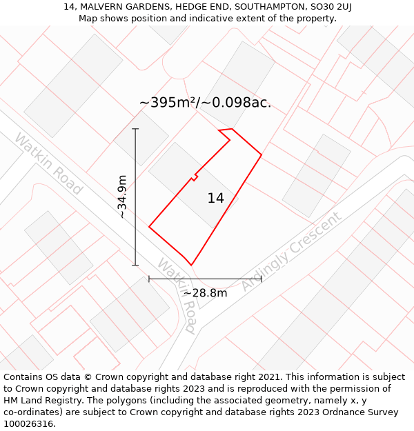 14, MALVERN GARDENS, HEDGE END, SOUTHAMPTON, SO30 2UJ: Plot and title map