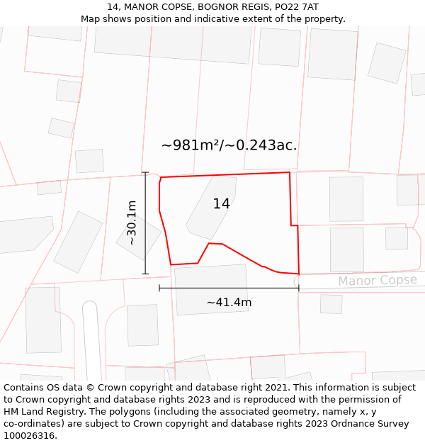 14, MANOR COPSE, BOGNOR REGIS, PO22 7AT: Plot and title map