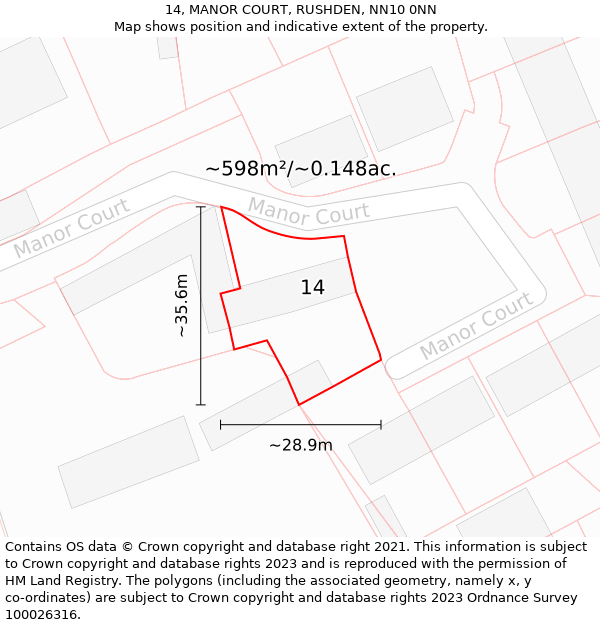 14, MANOR COURT, RUSHDEN, NN10 0NN: Plot and title map