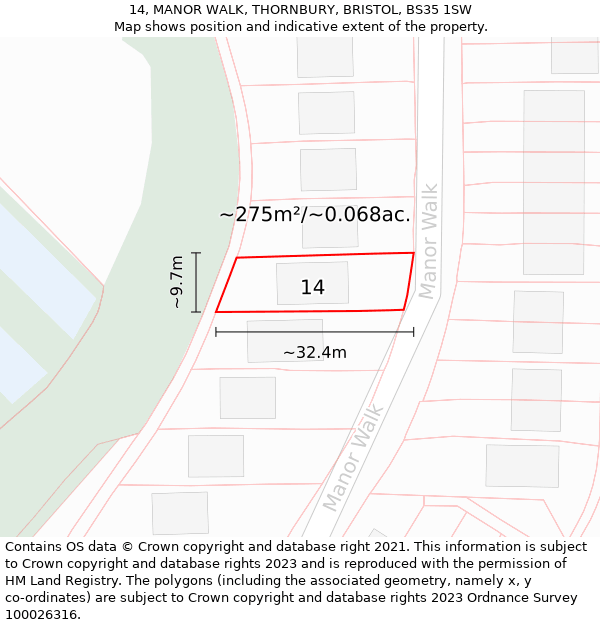 14, MANOR WALK, THORNBURY, BRISTOL, BS35 1SW: Plot and title map