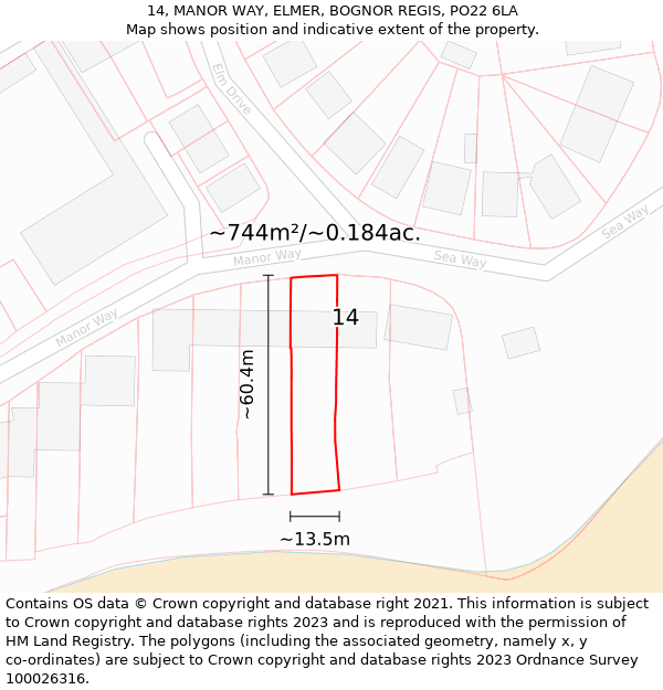 14, MANOR WAY, ELMER, BOGNOR REGIS, PO22 6LA: Plot and title map