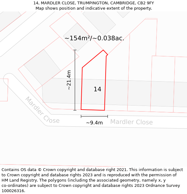 14, MARDLER CLOSE, TRUMPINGTON, CAMBRIDGE, CB2 9FY: Plot and title map