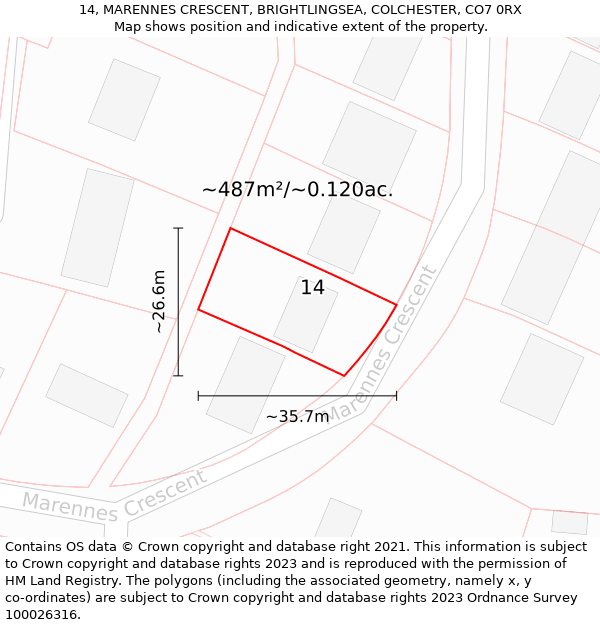 14, MARENNES CRESCENT, BRIGHTLINGSEA, COLCHESTER, CO7 0RX: Plot and title map