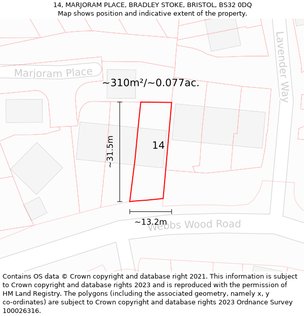 14, MARJORAM PLACE, BRADLEY STOKE, BRISTOL, BS32 0DQ: Plot and title map